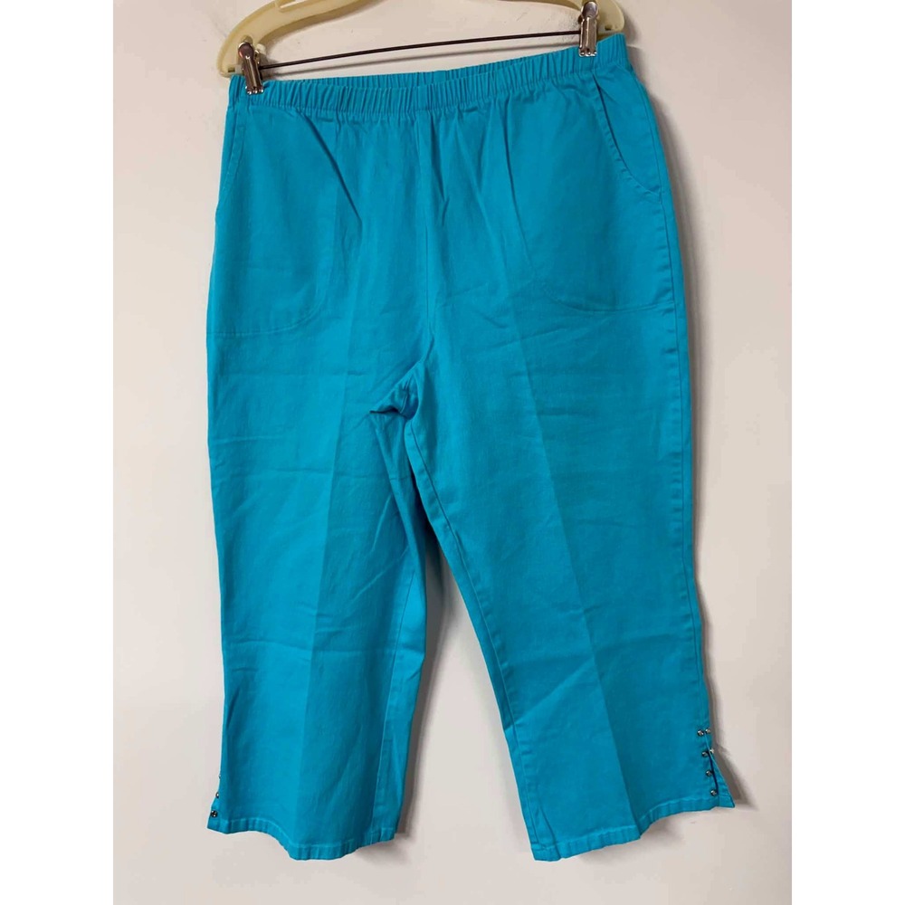 Vtg Quacker Factory Womens Large Teal Blue Capri Pants Rhinestone Studded A70554